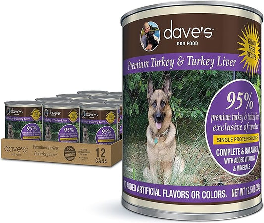 Dave's Pet Food Grain Free Wet Dog Food (95% Turkey & Turkey Liver), Made in USA Single-Source Protein, Limited Ingredients Added Vitamins & Minerals, 12.5 oz Cans (Case of 12)