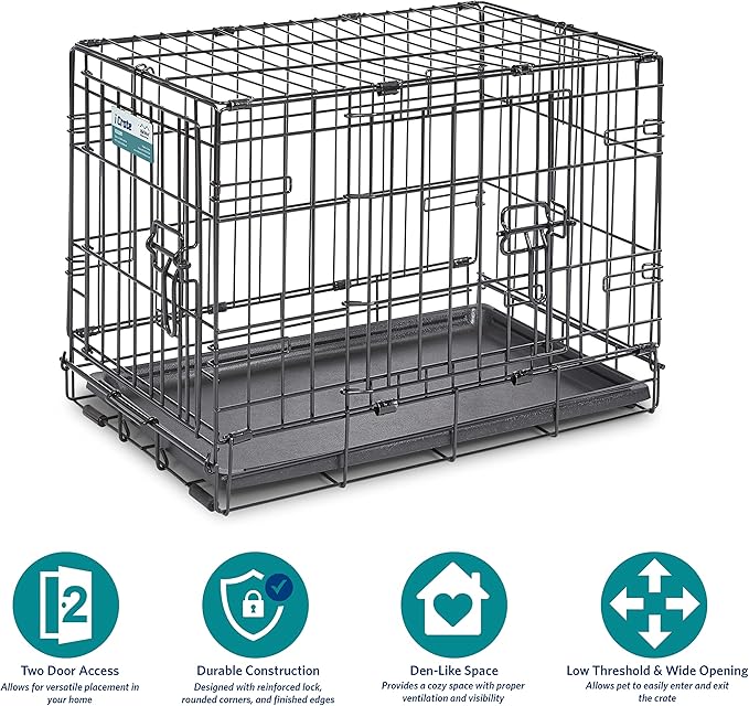 MidWest Homes for Pets Newly Enhanced Double Door iCrate Dog Crate, Includes Leak-Proof Pan, Floor Protecting Feet, Divider Panel & New Patented Features, Black