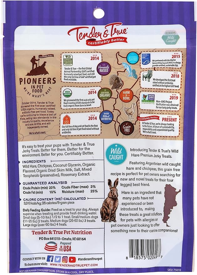 Tender & True Wild Hare Jerky Treat, 4 oz Bag