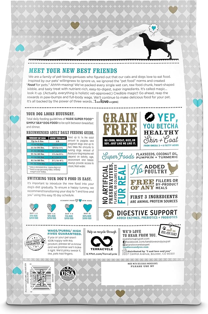 I and love and you Nude Super Food Dry Dog Food - Salmon + Whitefish - Prebiotic + Probiotic, Grain Free, Real Meat, No Fillers, 5lb Bag