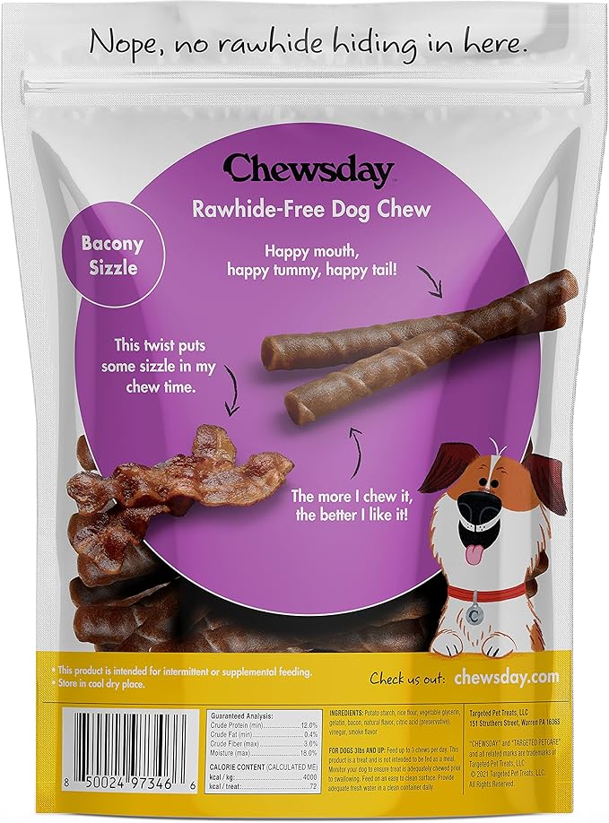 5-Inch Chewy Dog Chew Twists, Made in The USA, All Natural Rawhide-Free Highly-Digestible Treats, Bacony Sizzle - 14 Count