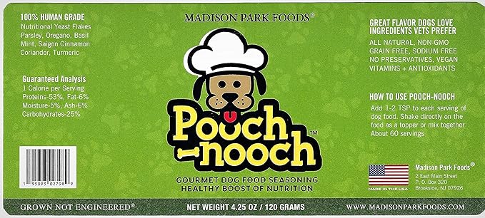 Pooch Nooch Gourmet Dog Food Topper Premium Nutritional Yeast Flakes Healthy Flavor 4 Picky Eaters and All Dogs - Vet Approved Human Grade Natural Ingredients, 4.25 Ounce Shaker Jar (60 Servings)