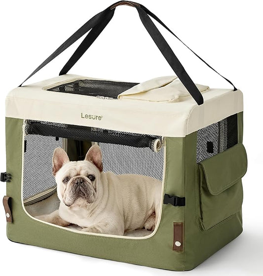 Lesure Collapsible Travel Dog Crate for Small Dogs, Portable Soft Dog Crate for Outdoor & Indoor, Folding Fabric Dog Kennel with Handle, 28 Inch Heavy Duty Pet Carrier (Green)