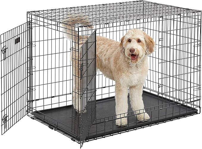 MidWest Homes for Pets Ultima Pro Series 48" Dog Crate | Extra-Strong Double Door Folding Metal Dog Crate w/Divider Panel, Floor Protecting "Roller Feet" & Leak-Proof Plastic Pan