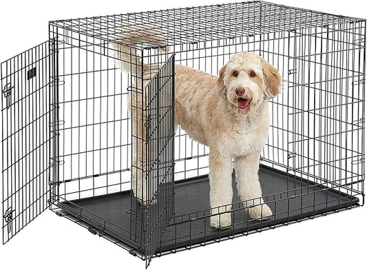 MidWest Homes for Pets Ultima Pro Series 48" Dog Crate | Extra-Strong Double Door Folding Metal Dog Crate w/Divider Panel, Floor Protecting "Roller Feet" & Leak-Proof Plastic Pan