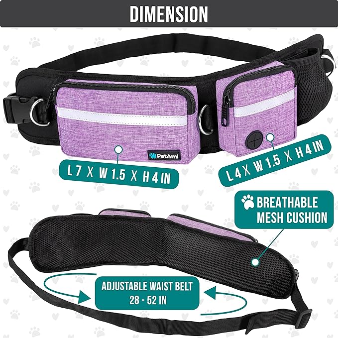 PetAmi Hands Free Dog Leash, Dog Running Leash Belt Bag for Walking, Jogging, Dog Waist Double Zipper Pouch with Poop Bag Dispenser, Dual Padded Handles Reflective Bungee Leash, Double