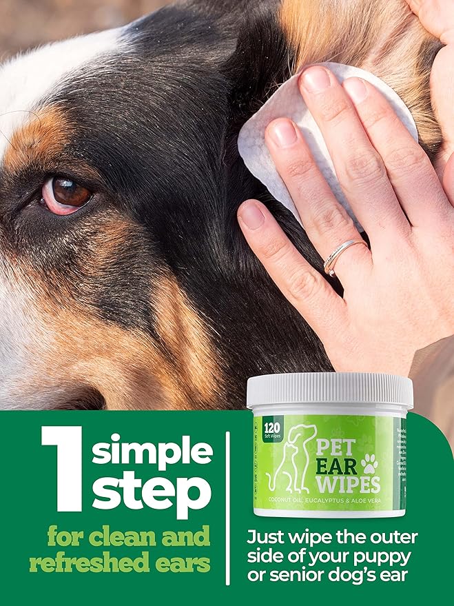 120ct Pet Ear Wipes for Dogs w/Itch Relief | Natural Coconut Oil, Eucalyptus & Aloe | Irritation Relief, Easy Otic Wax Cleaner Solution Pets
