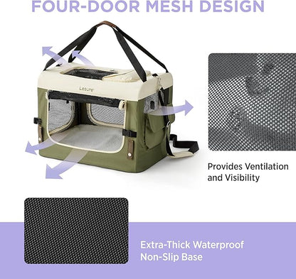 Lesure Collapsible Travel Dog Crate for Small Dogs, Portable Soft Dog Crate for Outdoor & Indoor, Folding Fabric Dog Kennel with Handle, 24 Inch Heavy Duty Pet Carrier (Green)