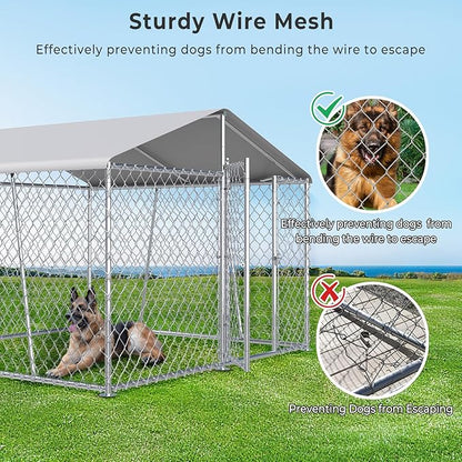Upgraded 7.5×7.5FT Outdoor Dog Kennel with Cover Roof, Large Dog Run House Pen Enclosure with Side Rod, Heavy Duty Chain Link Dog Kennel with Lock for Outside Backyard
