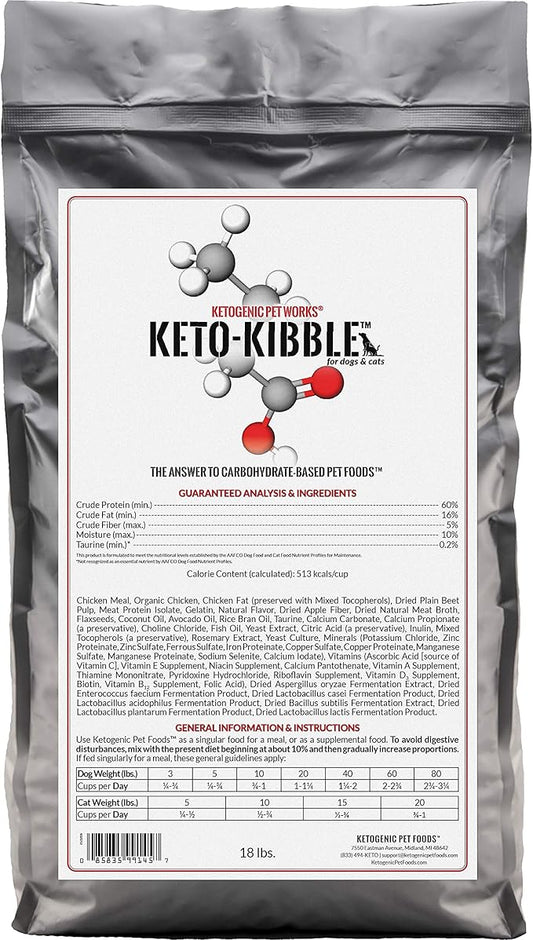 Ketogenic Pet Foods - Keto-Kibble – High Protein, Low Carb, Starch Free, Grain Free Dog & Cat Food - 18 lb