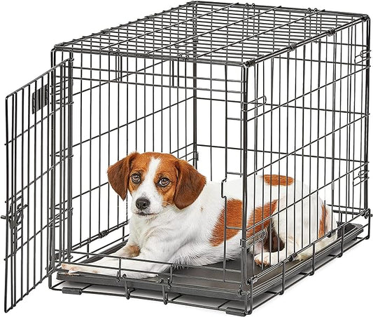 MidWest Homes for Pets Small Dog Crate | Life Stages 24' Folding Metal Crate | Divider Panel, Floor Protecting Feet, Leak-Proof Dog Pan | 24L x 18W x 19H Inches, Small Dog Breed