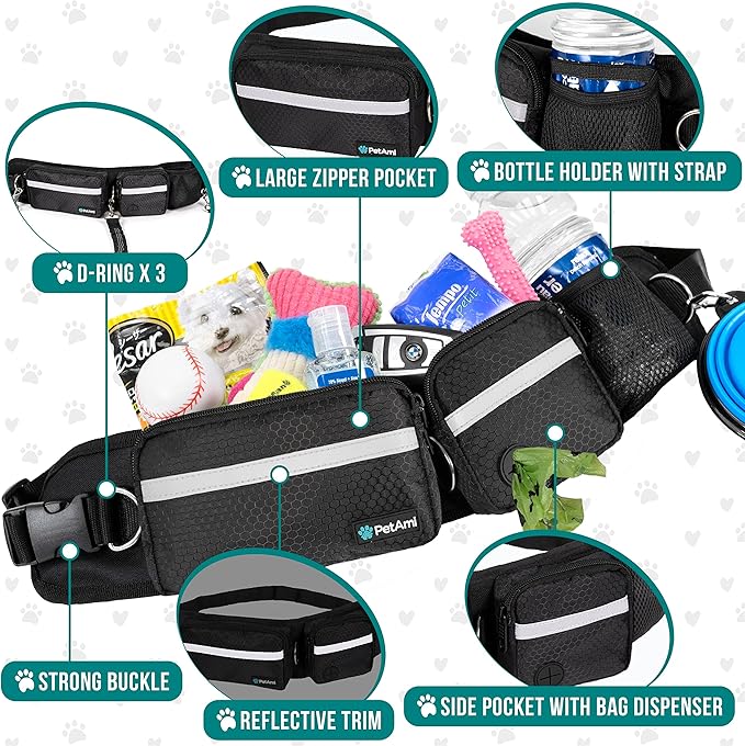 PetAmi Hands Free Dog Leash, Dog Running Leash Belt Bag for Walking, Jogging, Dog Waist Double Zipper Pouch with Poop Bag Dispenser, Dual Padded Handles Reflective Bungee Leash, Double