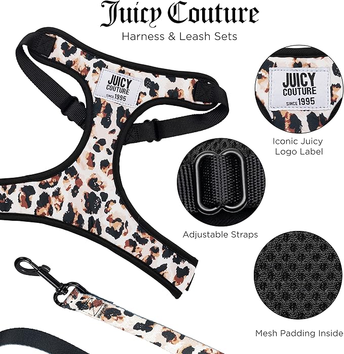 Juicy Couture Leopard Print Dog Harness and Leash Set – Adjustable Puppy Harness with Puppy Leash & Mesh Padding Dog Harness, X-Small