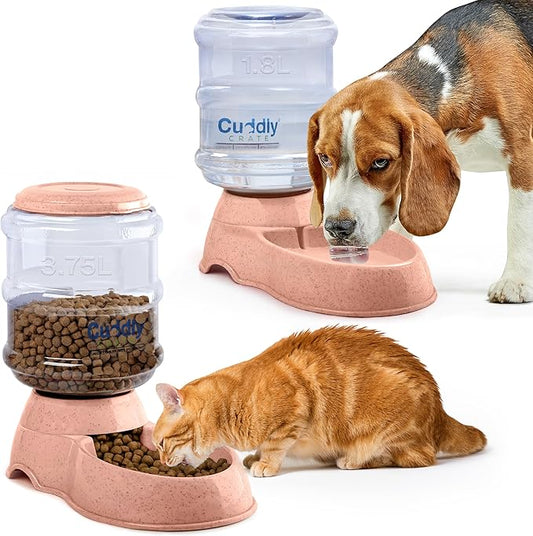 2 Pack Self Feeding Dog Food and Water Dispenser - 3.75L Automatic Pet Feeder for Small & Medium Dogs, Spill Proof Gravity Cat Feeder and Water Dispenser (Pink)