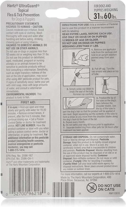 Hartz UltraGuard Flea & Tick Drops for Dogs & Puppies 31-60lbs - 3 Monthly Treatment