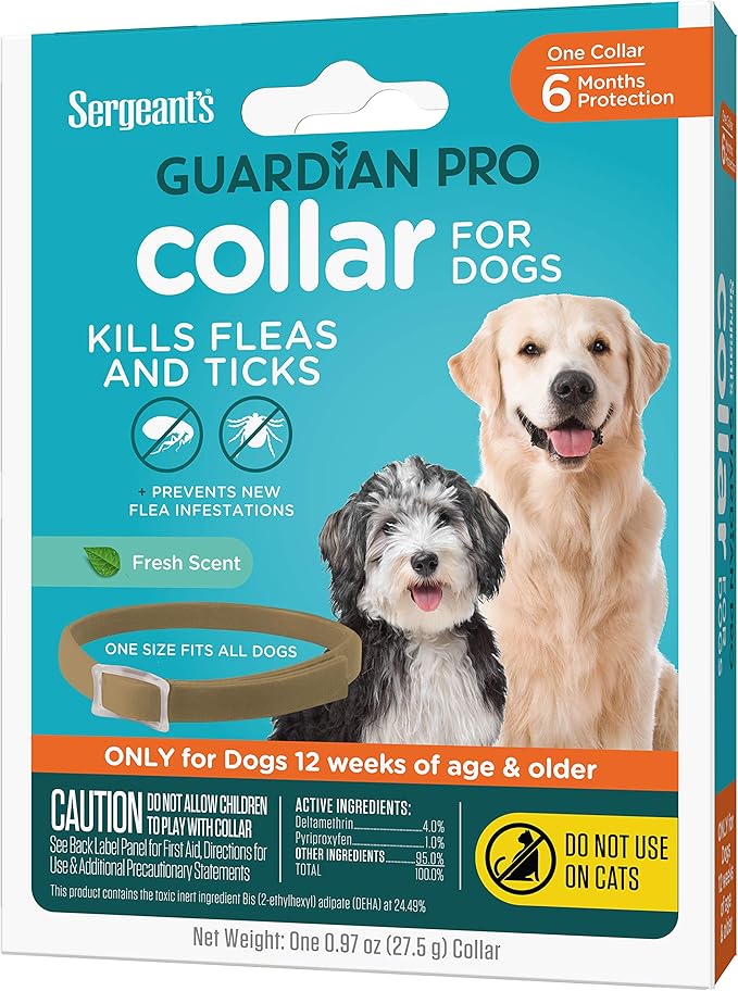 Sergeant's Guardian Pro Flea & Tick Collar for Dogs, Kills Fleas & Ticks, Long Lasting Protection for 6 Months, Fresh Scent, One Size Fits All, 1 Collar