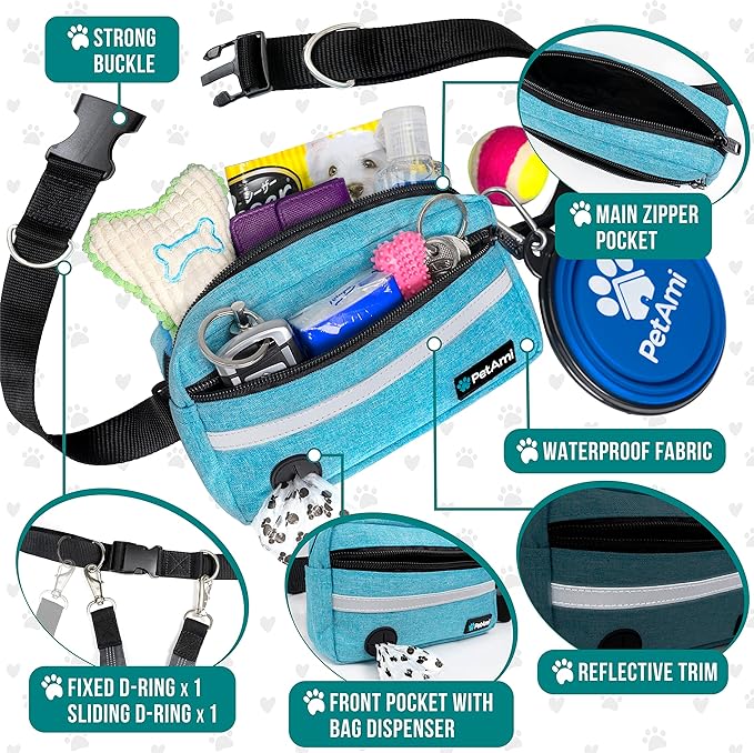 PetAmi Hands Free Dog Leash, Dog Running Leash Belt for Walking Jogging, Dog Waist Zipper Pouch Fanny Pack with Poop Bag Dispenser, Dual Padded Handle Bungee Leash for Small Medium Large Dogs, Single