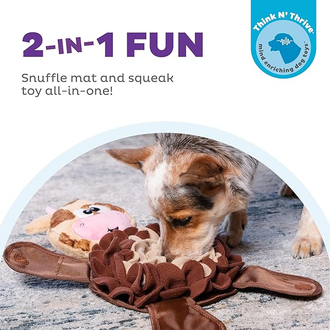 Outward Hound Nina Ottosson Snuffle Palz Interactive Plush Dog Puzzle and Snuffle Mat for Dogs, Non-slip Snuffle Mat, Dog Enrichment Toys, Plush, Cow, Brown, Large