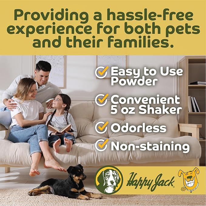 Happy Jack Flea and Tick Powder for Dogs & Puppies, Flea Powder for Carpets, Flea Treatment & Control, Kills Fleas, Ticks & Lice, Odorless & Non-Staining, Dust on Sleeping Quarters & Furniture (5 oz)