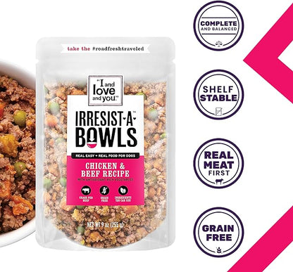 I AND LOVE AND YOU Irresist-a-Bowls Freeze Dried Dog Food - Chicken + Duck - Prebiotics, Grain Free, Filler Free, Meal Enchancer, 9oz Pouch, 4pk
