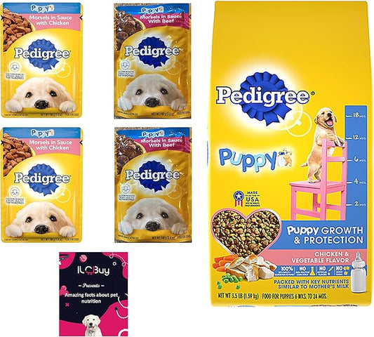 Pedigree Puppy Food Variety Bundle, 01 Bag (3.5LB) Chicken Flavor and 04 Pouches Morsels in Sauce, (02) Chicken and 02 Beef. Plus a Pet Nutrition Booklet.