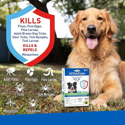 Adams Plus Flea & Tick Prevention Spot On for Dogs 15-30 Pounds, 12 Weeks & Older, 3-Month Supply, Kills Fleas, Flea Eggs, Flea Larvae & Brown Dog & Deer Ticks, Kills & Repels Mosquitoes For 30 Days