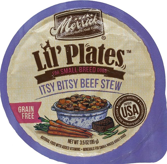 Merrick Lil' Plates Grain Free Small Breed Dog Food 4 Flavor 8 Can Variety (2) each: Texas Steak, Dainty Duck, Beef Stew, Lamb Chop Stew (3.5 Ounces) - Plus Squeak Toy and Fun Facts Booklet Bundle