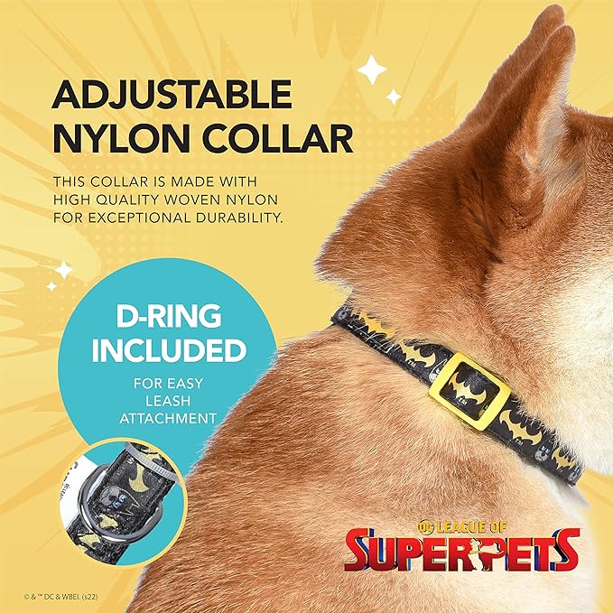 DC Comics League of Super-Pets Ace Batman Dog Collar, Large | Officially Licensed DC LEAGUE of SUPER-PETS Dog Collar | Large Dog Collar DC LEAGUE of SUPER-PETS Ace Bat Hound Batman Style with D-ring