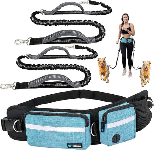 PetAmi Hands Free Dog Leash, Dog Running Leash Belt Bag for Walking, Jogging, Dog Waist Double Zipper Pouch with Poop Bag Dispenser, Dual Padded Handles Reflective Bungee Leash, Double Turquoise