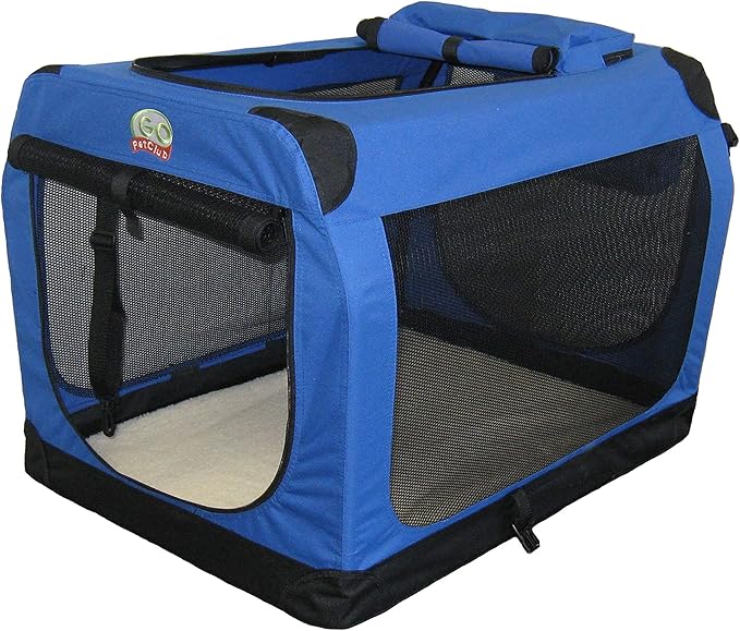 Go Pet Club 28" Soft Collapsible Dog Crate for Dogs, Portable Pet Carrier, Thick Padded Pet Travel Crate for Indoor & Outdoor, Soft Sided Pet Foldable Kennel Cage with Durable Mesh Windows, Blue