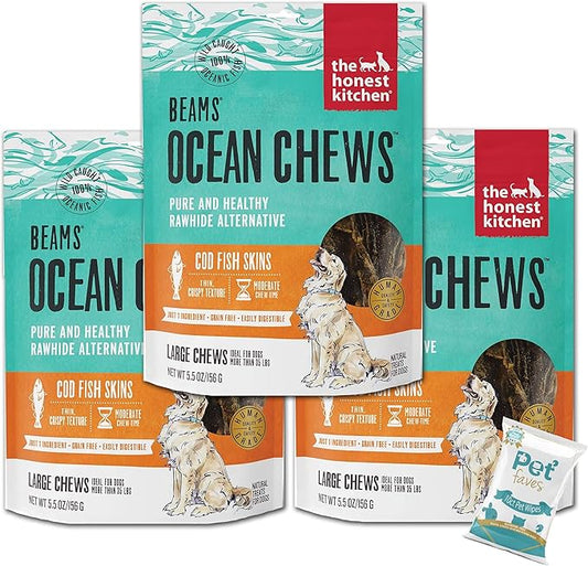 The Honest Kitchen (3 Pack) Cod Ocean Chews Grain Free Dog Chew Treats – Natural Human Grade Dehydrated Fish Skins (5.5 oz Each) with 10ct Pet Faves Wipes