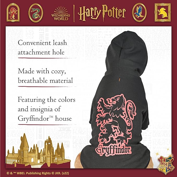 Harry Potter Gryffindor Pet Hoodie with Faux Scarf - Small | Pet Apparel and Accessories for Dogs| Dog Pullover Hoodie for Hogwarts Houses, Gryffindor Clothing for Dogs,Black
