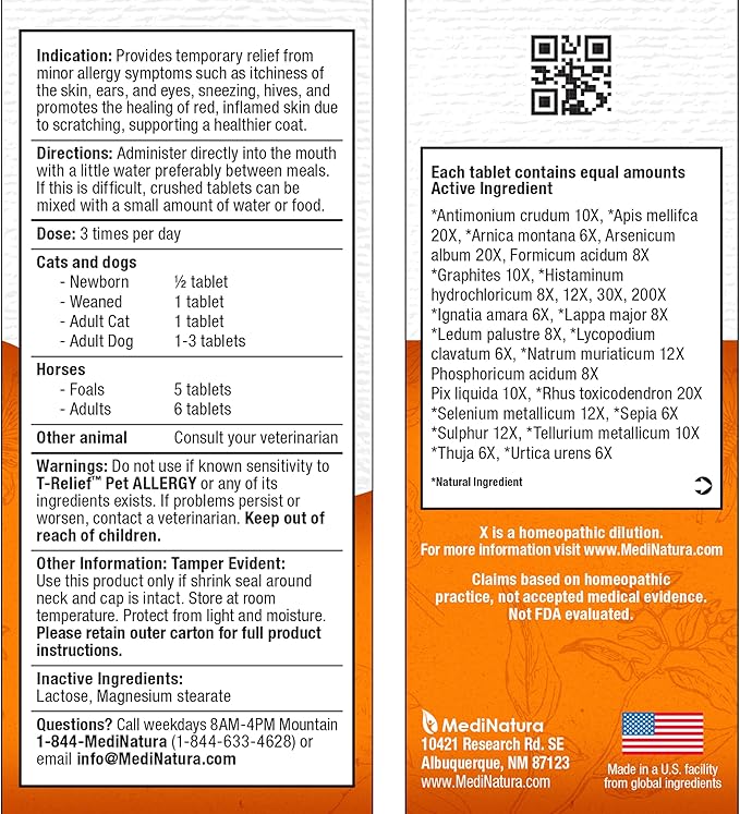 T-Relief Pet Allergy Support for Dogs & Cats Itchy Relief Supports Healthy Skin & Coat Natural Medicine Helps Soothe Hot Spot Itching Paws Licking Runny Nose Sneezing Watery Eyes - 90 Tablets