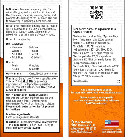 T-Relief Pet Allergy Support for Dogs & Cats Itchy Relief Supports Healthy Skin & Coat Natural Medicine Helps Soothe Hot Spot Itching Paws Licking Runny Nose Sneezing Watery Eyes - 90 Tablets