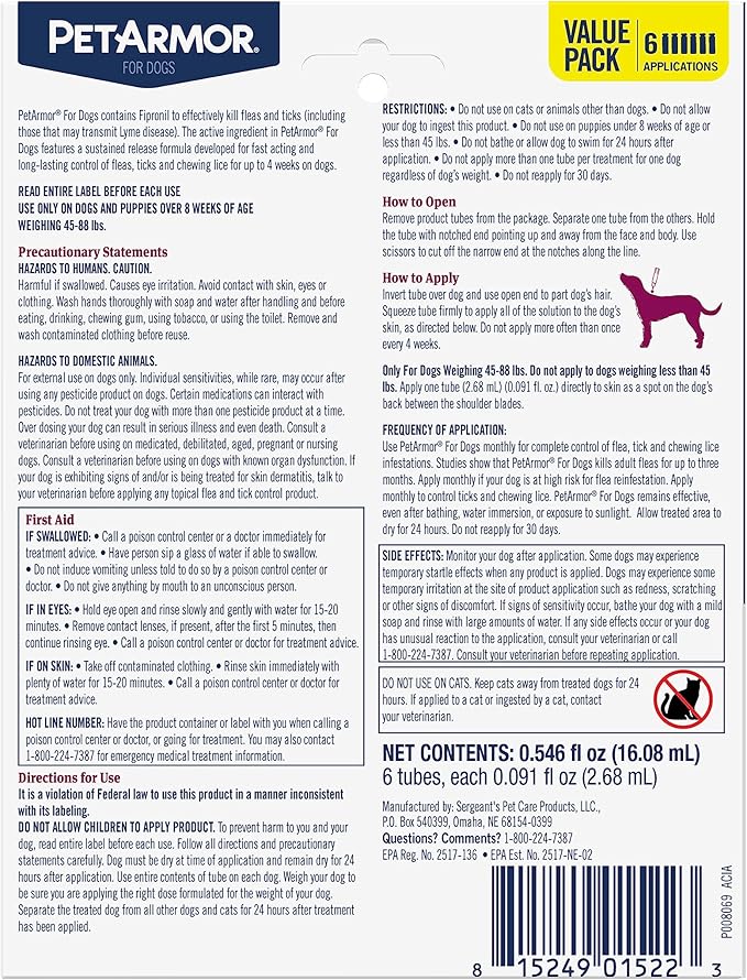 PetArmor for Dogs, Flea and Tick Treatment for Large Dogs (45-88 Pounds), Includes 6 Month Supply of Topical Flea Treatments