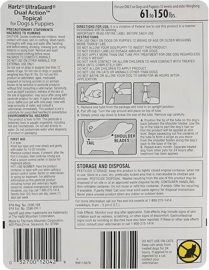 Hartz UltraGuard Dual Action Flea & Tick Topical Dogs & Puppies Treatment & Prevention, 6 Months, 60+ lbs