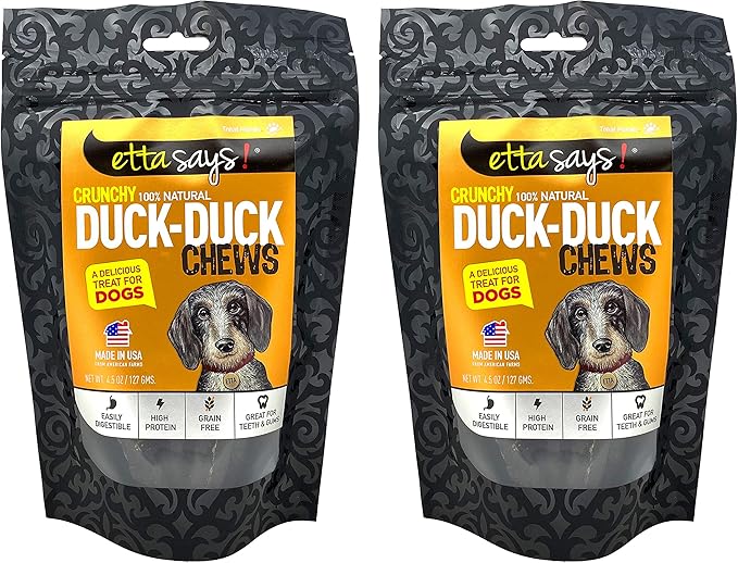 ETTA SAYS! Crunchy Dog Treats Pack of 2 – Duck Chews Dog Treats Made in The USA, Grain-Free Dog Treats