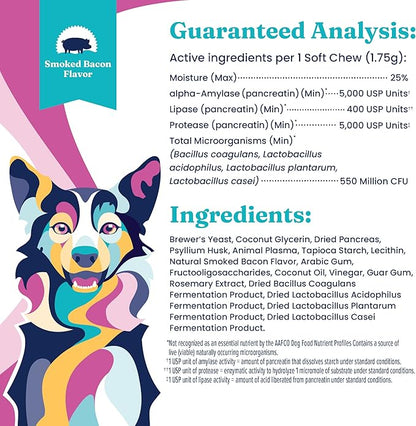 Solid Gold Dog Probiotic Chews - Bacon Flavor Soft Chews for Dog Digestive Support - Mellow Belly Probiotic for Dogs with Fiber & Digestive Enzymes for Bowel Support & Gut Health - 120 Count