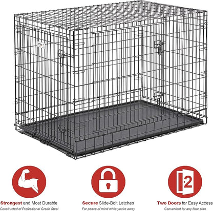 MidWest Homes for Pets Ultima Pro Series 48" Dog Crate | Extra-Strong Double Door Folding Metal Dog Crate w/Divider Panel, Floor Protecting "Roller Feet" & Leak-Proof Plastic Pan