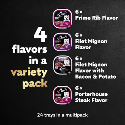 CESAR Adult Soft Wet Dog Food Steak Lovers Variety Pack with Real Meat, (24) 3.5 oz. Trays