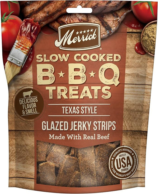 Merrick Dog Jerky, Slow Cooked BBQ Beef Dog Treats, Texas Style Glazed Jerky Strips, Beef Jerky Dog Treats - 10 oz. Pouch