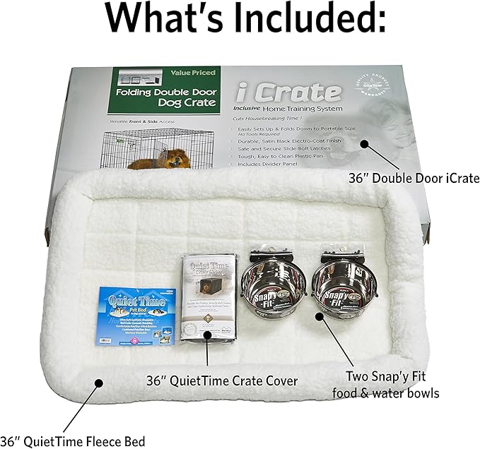MidWest Homes for Pets iCrate Dog Crate Starter Kit | 36-Inch Crate Kit Ideal for Medium/Large Dogs (weighing 41 - 70 Pounds) || Includes Crate, Pet Bed, 2 Bowls & Crate Cover For Dogs