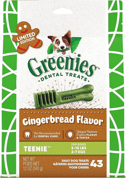 Greenies Gingerbread Flavor Teenie Size, Veterinarian-Recommended for Dental Care, Dog Treat Chews, Great Holiday Dog Stocking Stuffers, Limited Edition, 12 oz. Pack of 43