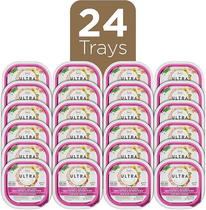 NUTRO ULTRA Grain Free Adult Soft Wet Dog Food Paté With Toppers Turkey Entrée topped with bites of real chicken & peas, 3.5 oz. Trays, Pack of 24