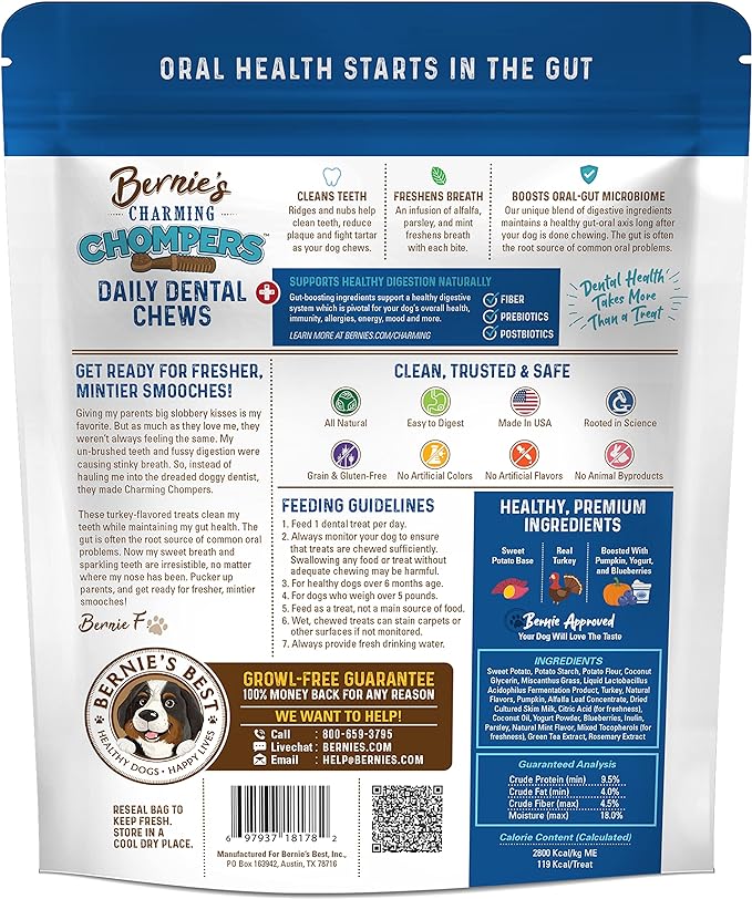 Bernie's Charming Chompers - Daily Dental Chews for Dogs 50-100 Lbs. - 12 Count - Cleans Teeth, Freshens Breath, Boosts Oral-Gut Microbiome. Easy to Digest, Supports Healthy Digestion Naturally