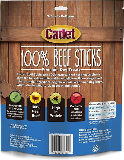 Cadet Beef Sticks Dog Treats - Long-Lasting, Healthy & Natural Beef Esophagus Treats for Small & Large Dogs, Low Calorie & High Protein Dog Chews (12 oz.)
