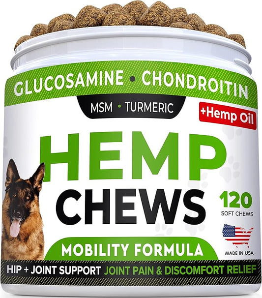 STRELLALAB Hemp Treats + Glucosamine for Dogs - Hip & Joint Supplement - w/Hemp Oil + Protein - Chondroitin, MSM, Turmeric to Improve Mobility & Energy - Natural Joint Pain Relief - Bacon Flavor