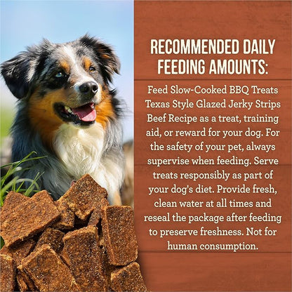 Merrick Dog Jerky, Slow Cooked BBQ Beef Dog Treats, Texas Style Glazed Jerky Strips, Beef Jerky Dog Treats - 10 oz. Pouch