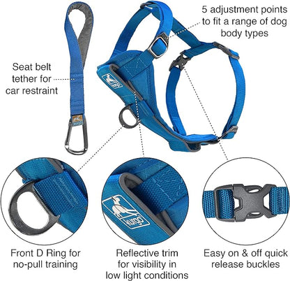 Kurgo Tru-Fit Smart Harness, Dog Harness, Pet Walking Harness, Quick Release Buckles, Front D-Ring for No Pull Training, includes Dog Seat Belt Tether (Blue, X-Small)