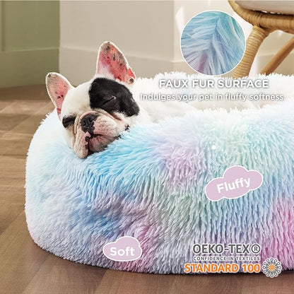 Bedsure Calming Dog Bed for Small Dogs - Donut Washable Small Pet Bed, Round Anti-Slip Fluffy Plush Faux Fur Large Cat Bed, Fits up to 25 lbs Pets, Multi-Colored, 23 inches